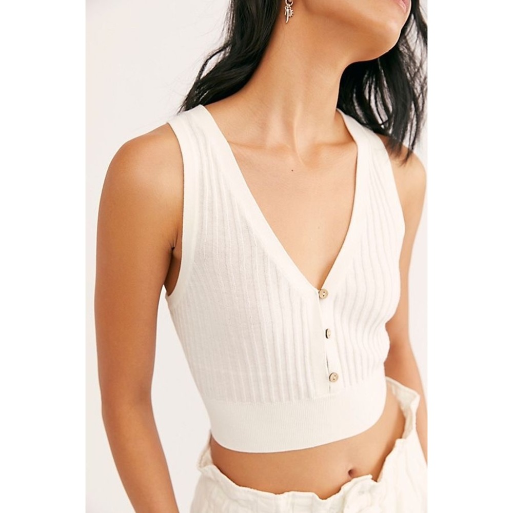 Free People Saturday Morning Crop Tank Vest L Ivory Off White Preppy Soft Girl - Picture 2 of 7